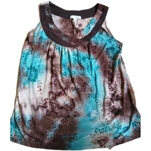 Whimsigoth Fairy Y2k Dress Barn Floral Blue Brown Sleeveless Top‎ Women's Large